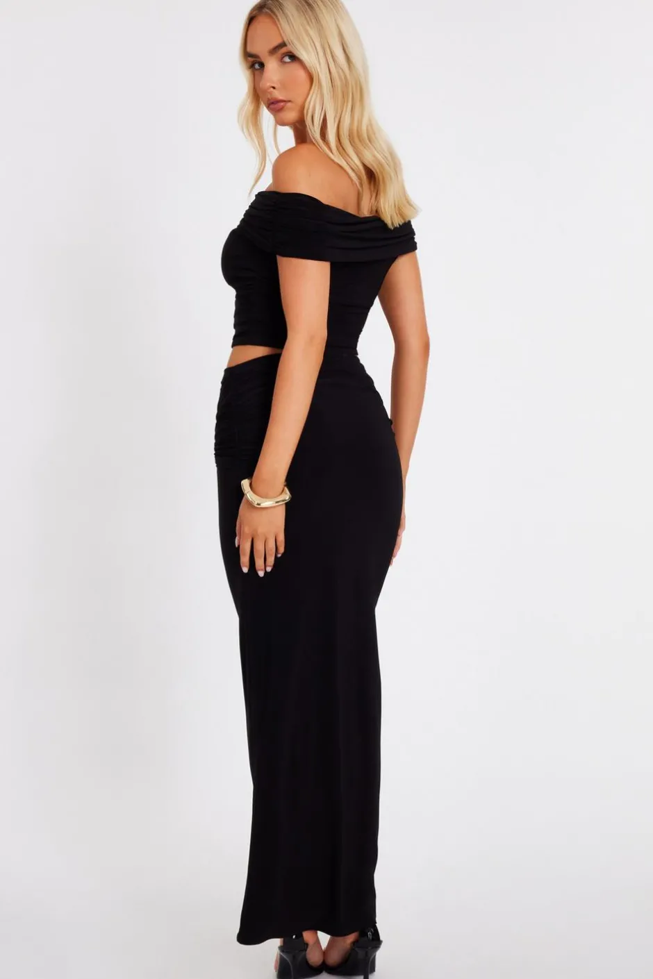 Quiz Ruched Bardot Crop Top Black Sale