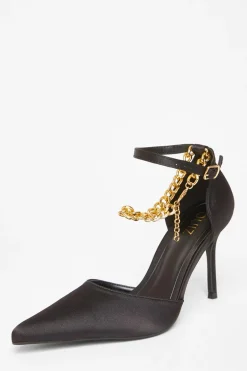 Quiz Black Satin Chain Strap Court Heels Discount