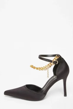 Quiz Black Satin Chain Strap Court Heels Discount