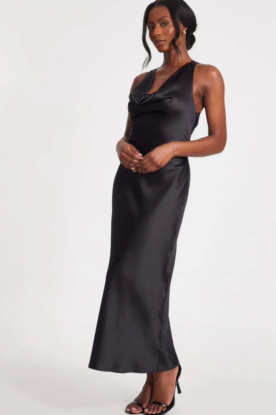Quiz Black Satin Cowl Neck Midaxi Dress Clearance