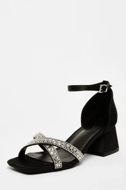 Quiz Satin Diamante Block Heels Black Discount