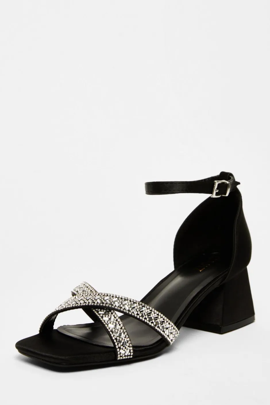 Quiz Satin Diamante Block Heels Black Discount