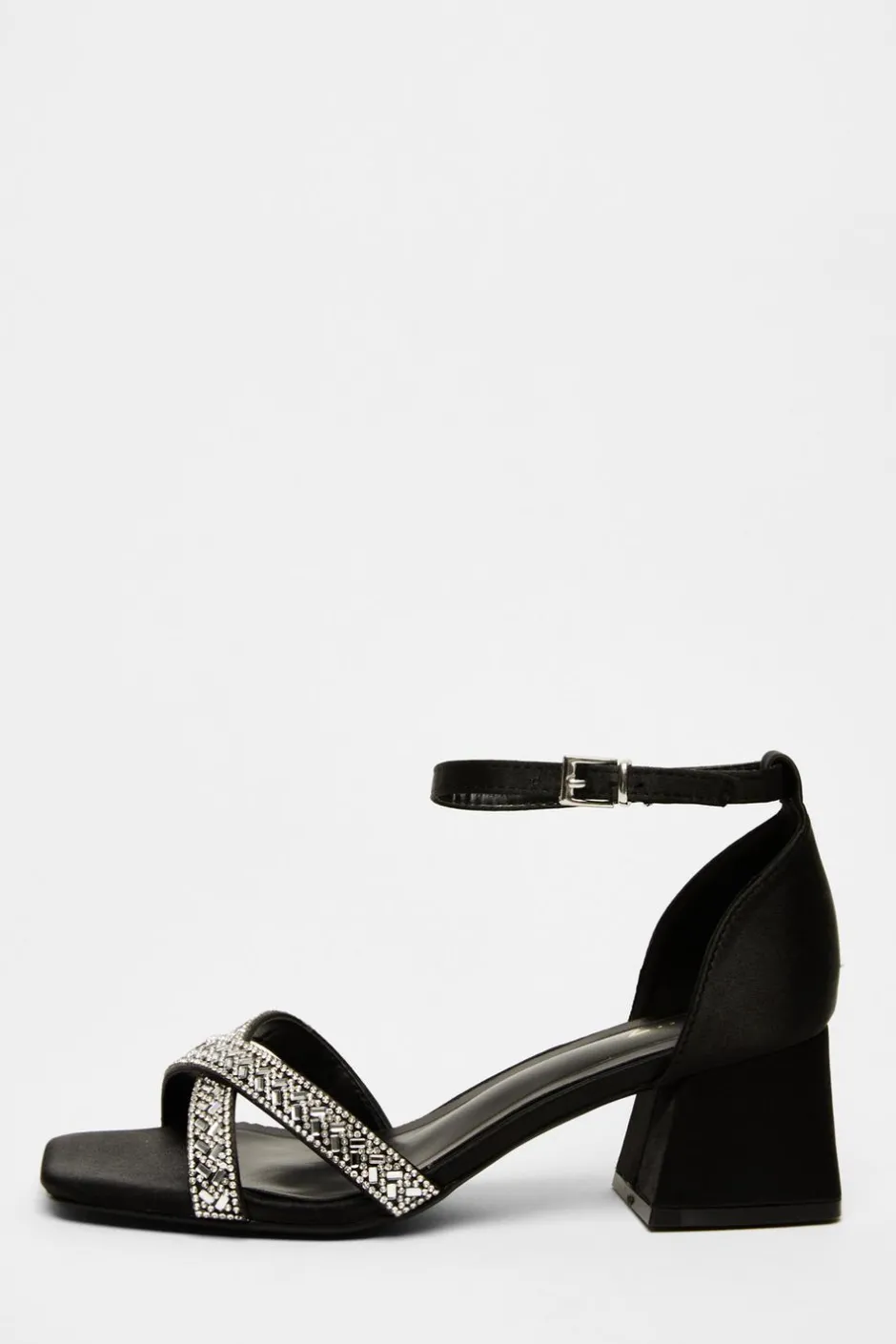 Quiz Satin Diamante Block Heels Black Discount