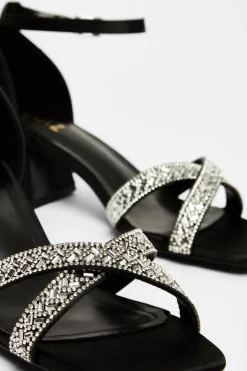 Quiz Satin Diamante Block Heels Black Discount