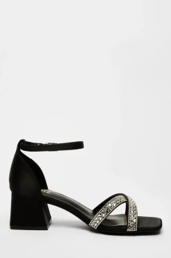 Quiz Satin Diamante Block Heels Black Discount