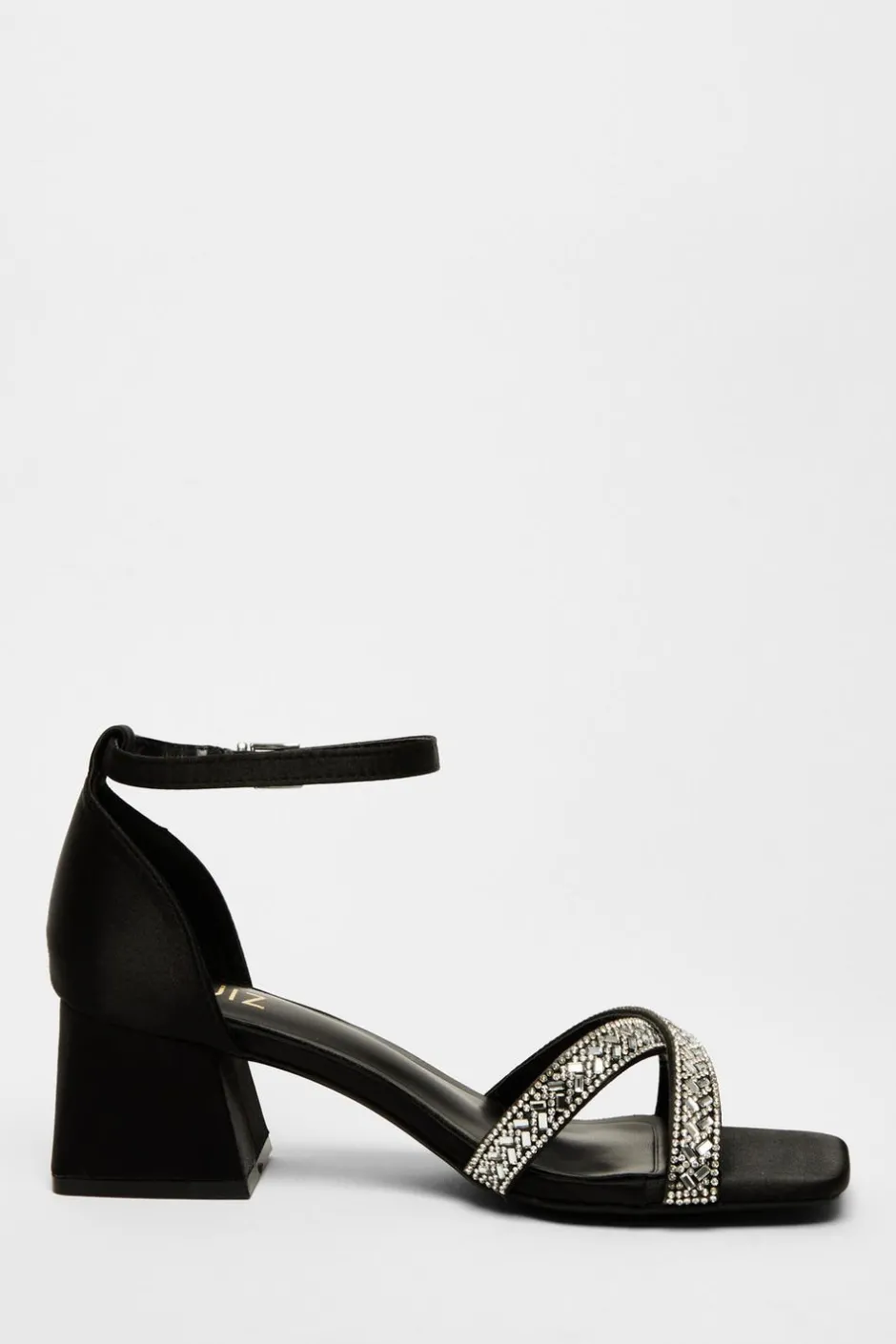 Quiz Satin Diamante Block Heels Black Discount