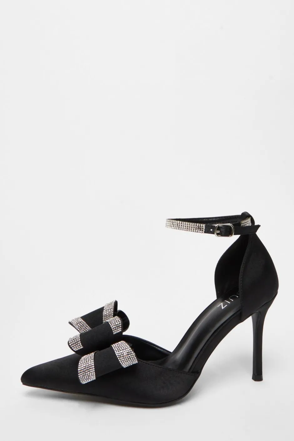 Quiz Satin Diamante Bow Court Heels Black New