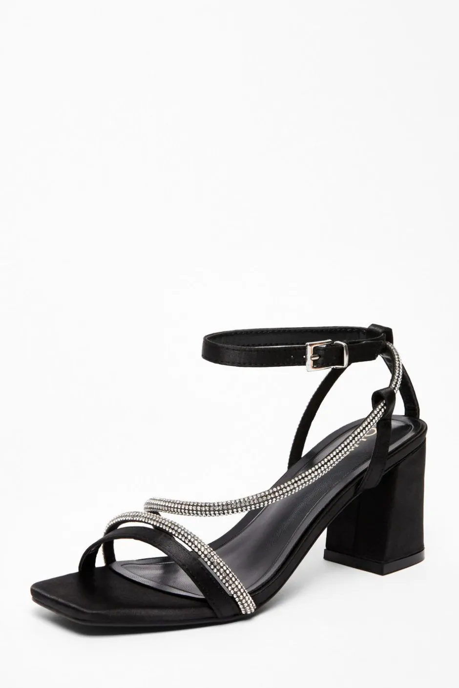 Quiz Black Satin Diamante Heeled Sandal New