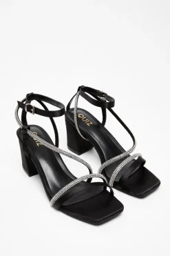 Quiz Black Satin Diamante Heeled Sandal New
