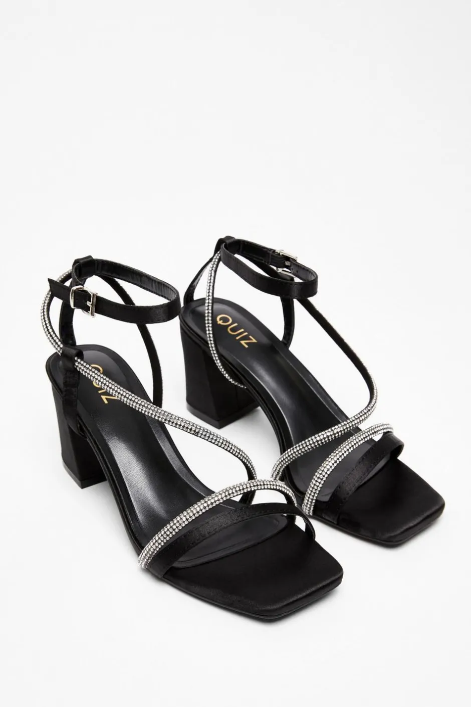 Quiz Black Satin Diamante Heeled Sandal New