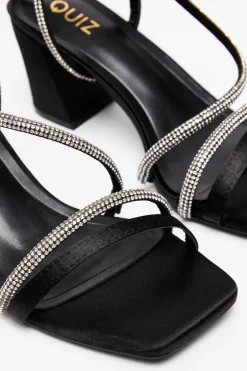 Quiz Black Satin Diamante Heeled Sandal New