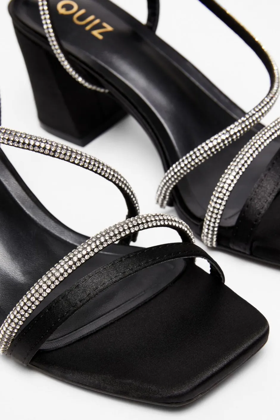 Quiz Black Satin Diamante Heeled Sandal New
