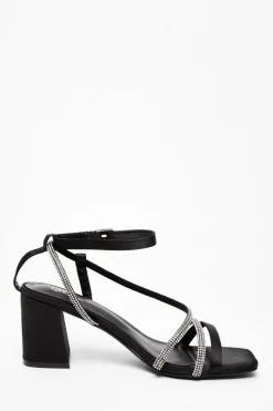 Quiz Black Satin Diamante Heeled Sandal New
