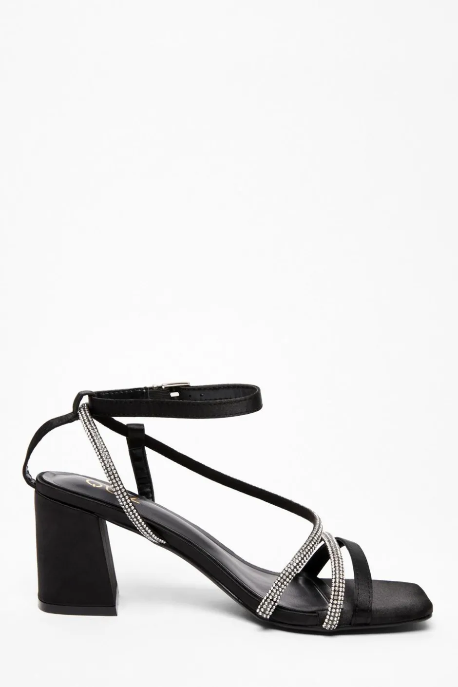 Quiz Black Satin Diamante Heeled Sandal New