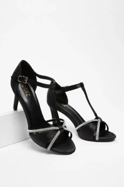 Quiz Black Satin Diamante T-Bar Heels Discount