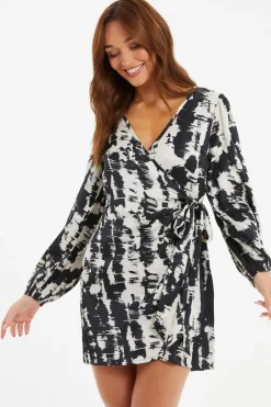 Quiz Black Satin Marble Print Wrap Dress Discount