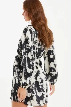 Quiz Black Satin Marble Print Wrap Dress Discount