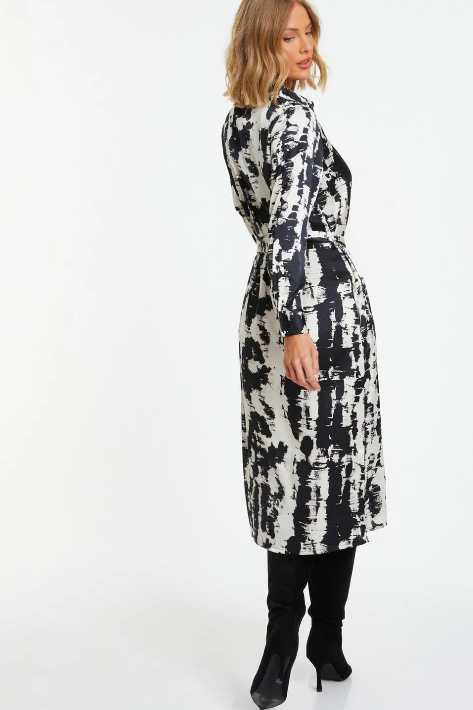 Quiz Black Satin Marble Print Shirt Dress Clearance