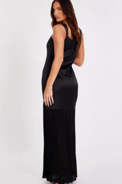 Quiz Satin Pleated Maxi Dress Black New