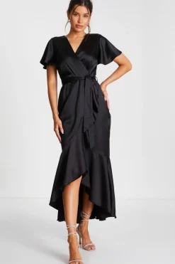 Quiz Black Satin Wrap Midaxi Dress Outlet