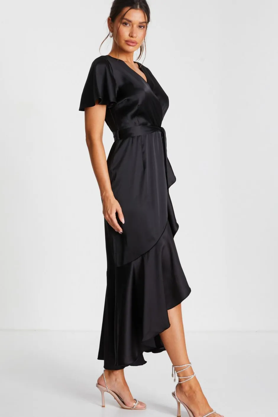 Quiz Black Satin Wrap Midaxi Dress Outlet