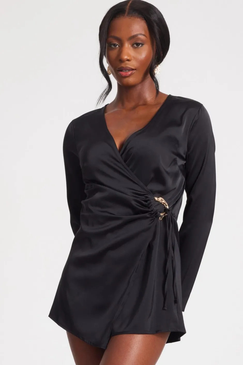 Quiz Black Satin Wrap Playsuit Sale