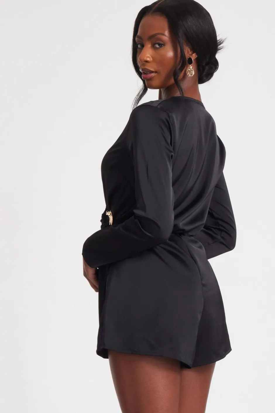 Quiz Black Satin Wrap Playsuit Sale