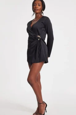 Quiz Black Satin Wrap Playsuit Sale