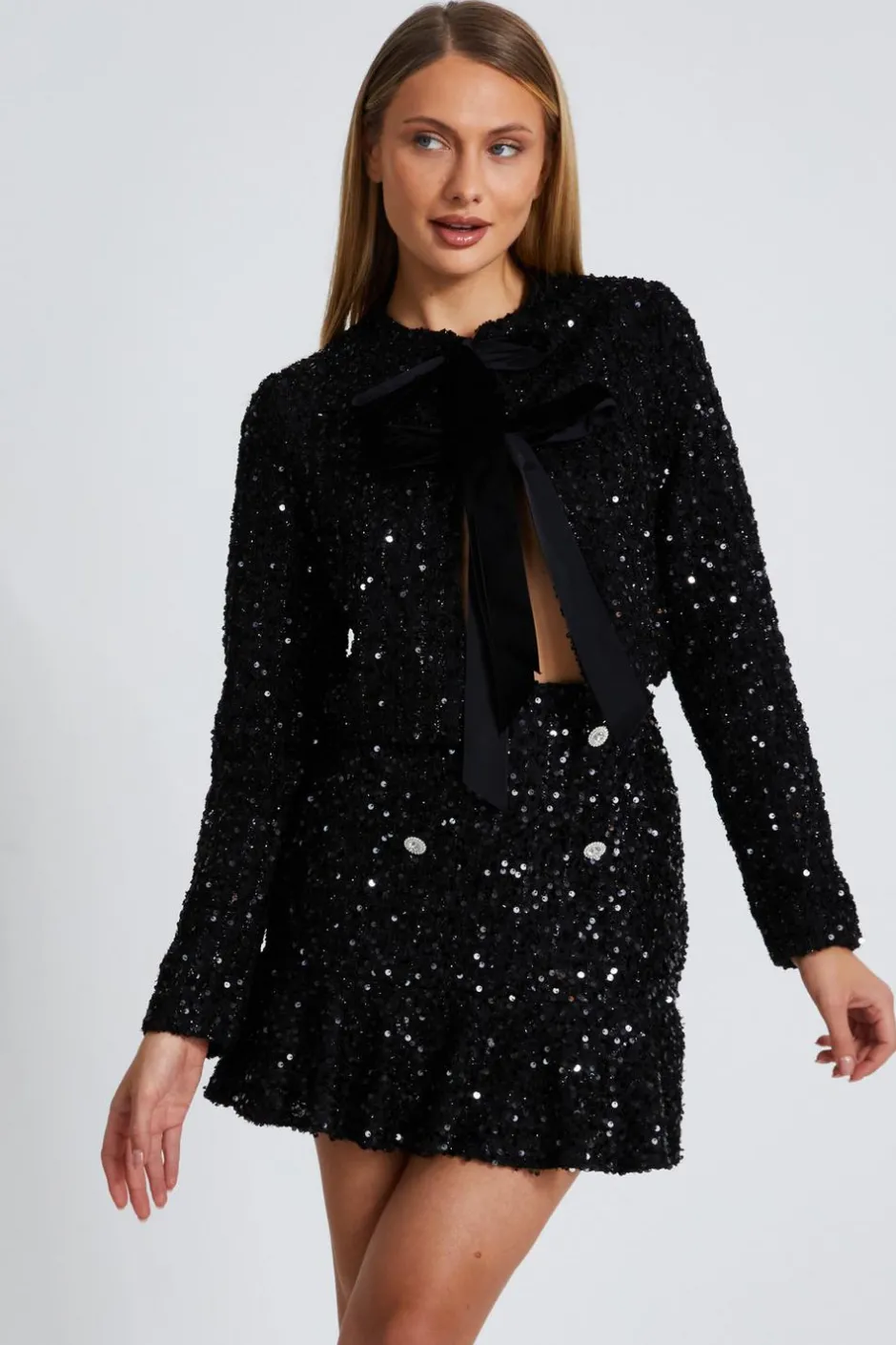 Quiz Black Sequin Boucle Cropped Jacket Sale