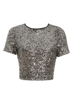 Quiz Black Sequin Crop Top Clearance