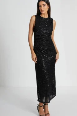 Quiz Black Sequin Ruched Side Midaxi Dress Best