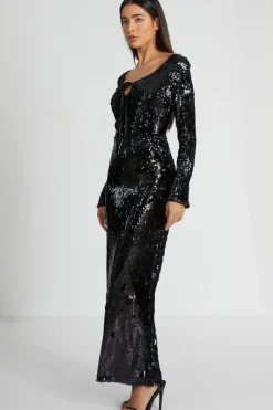 Quiz Black Sequin Tie Front Maxi Dress Outlet