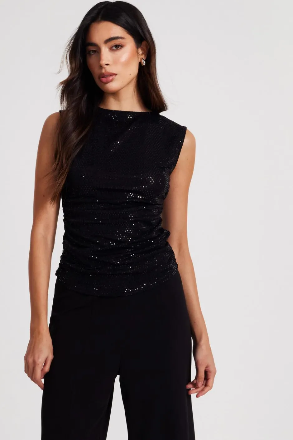Quiz Sequin Vest Top Black New