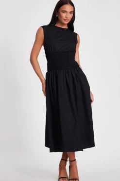 Quiz Black Shirred Waist Midaxi Dress Clearance
