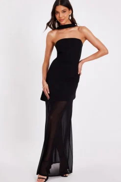 Quiz Strapless Mesh Hem Maxi Dress Black Clearance
