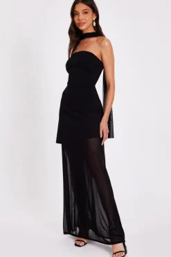 Quiz Strapless Mesh Hem Maxi Dress Black Clearance