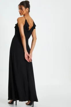 Quiz Strappy Ruffle Chiffon Maxi Dress Black Clearance