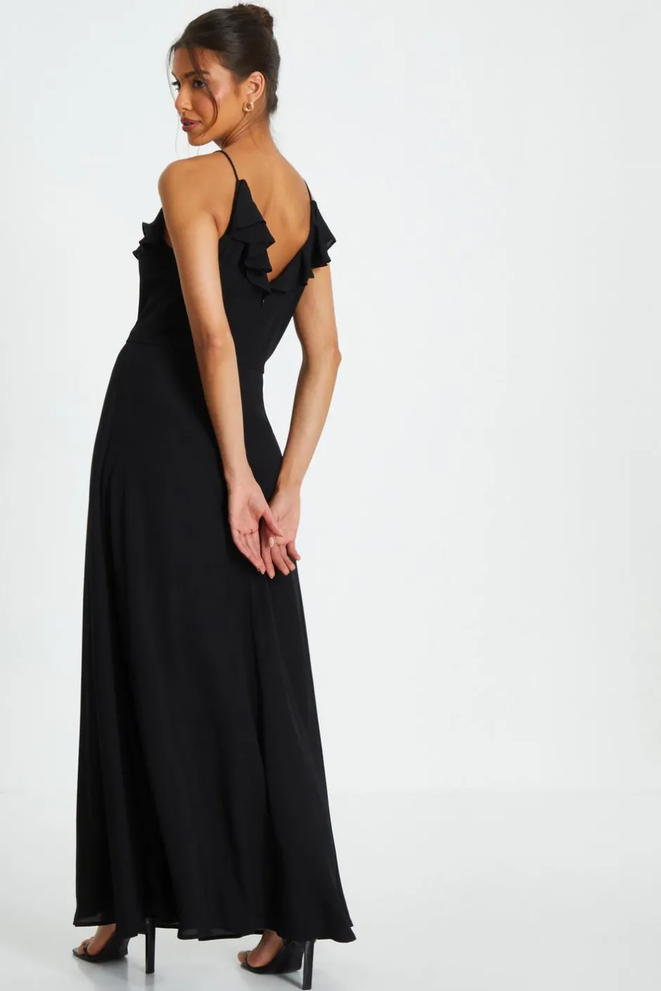 Quiz Strappy Ruffle Chiffon Maxi Dress Black Clearance