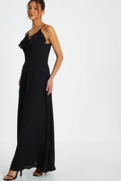 Quiz Strappy Ruffle Chiffon Maxi Dress Black Clearance