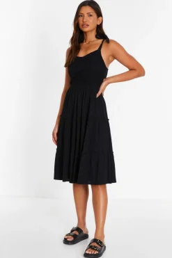 Quiz Black Strappy Tiered Midi Dress Online