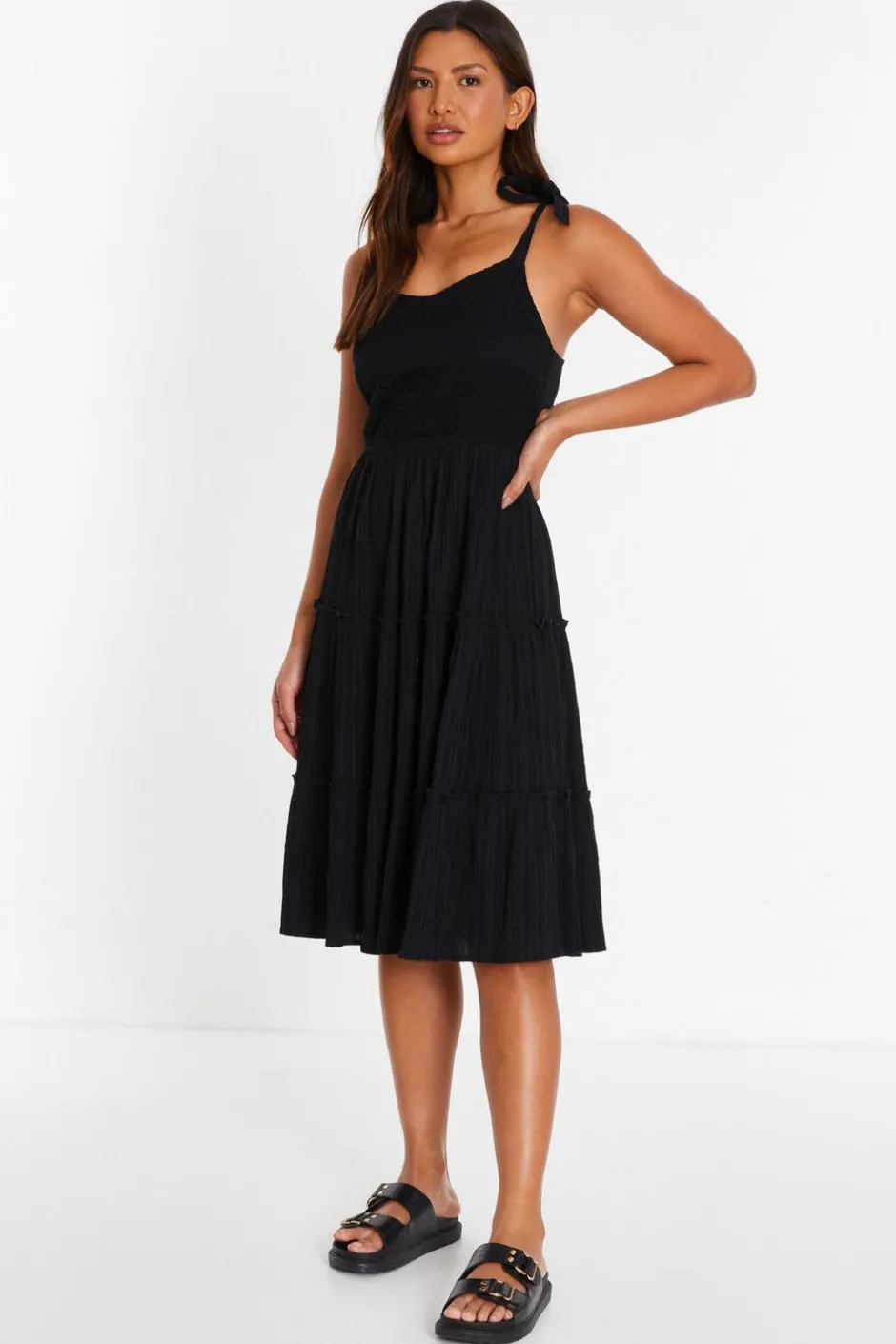 Quiz Black Strappy Tiered Midi Dress Online