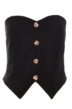 Quiz Black Textured Button Front Top Discount