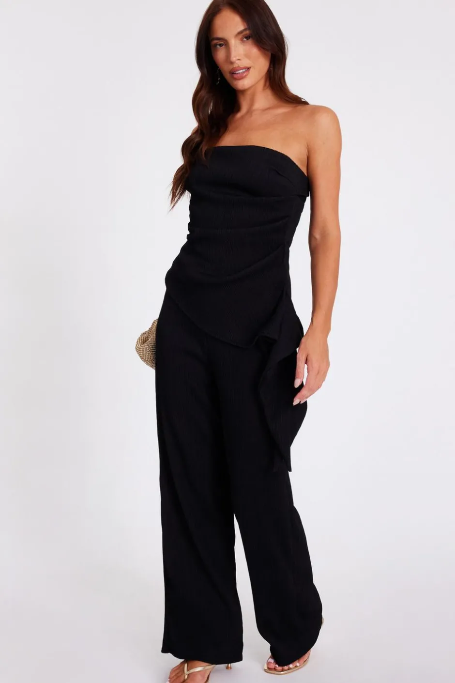 Quiz Black Textured Palazzo Trousers Discount