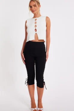 Quiz Black Tie Detail Capri Trousers Outlet