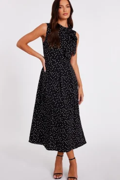 Quiz Tie Neck Polka Dot Midaxi Dress Black Best