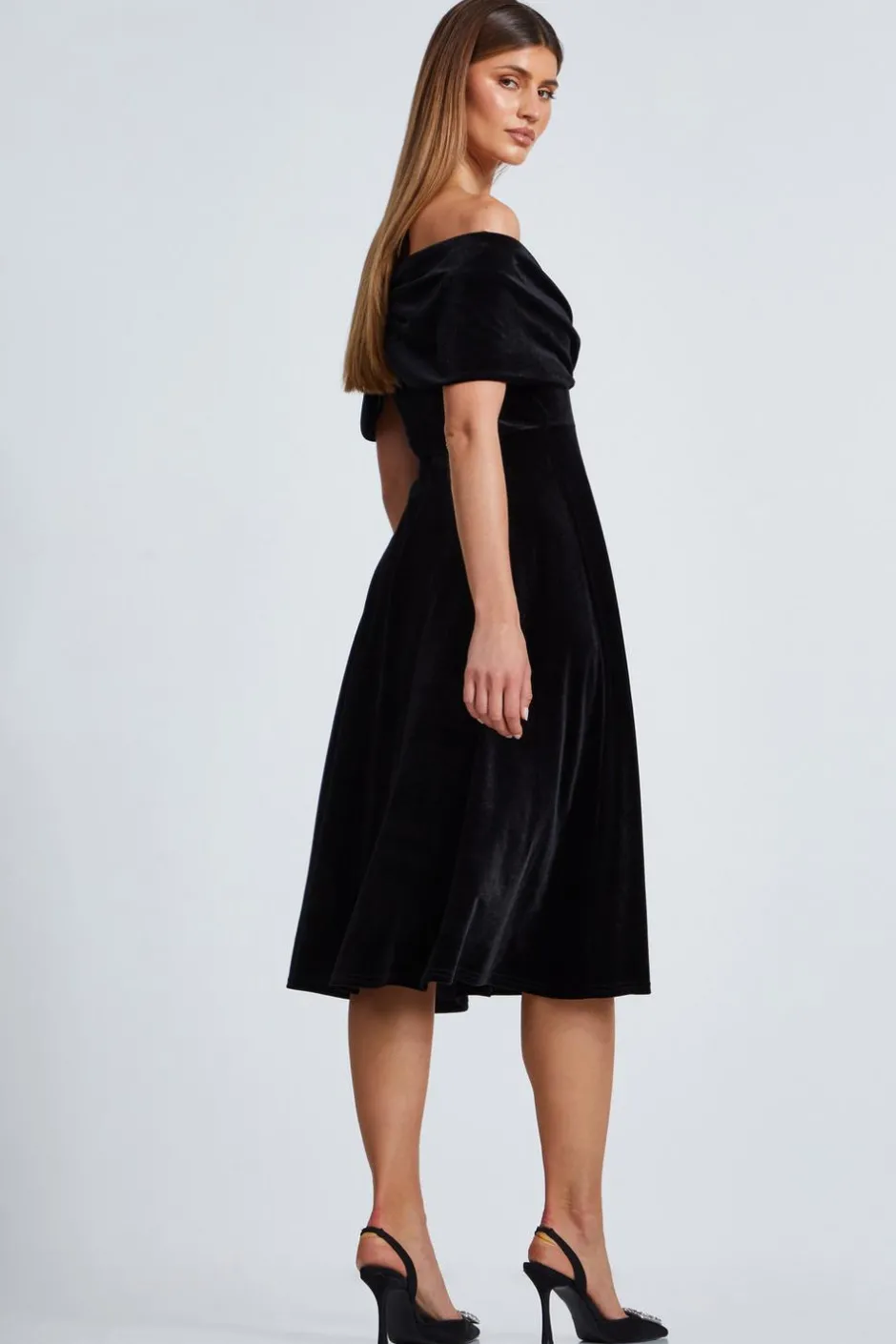 Quiz Black Velvet Bardot Midi Dress Sale
