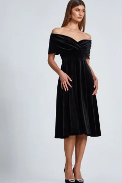 Quiz Black Velvet Bardot Midi Dress Sale
