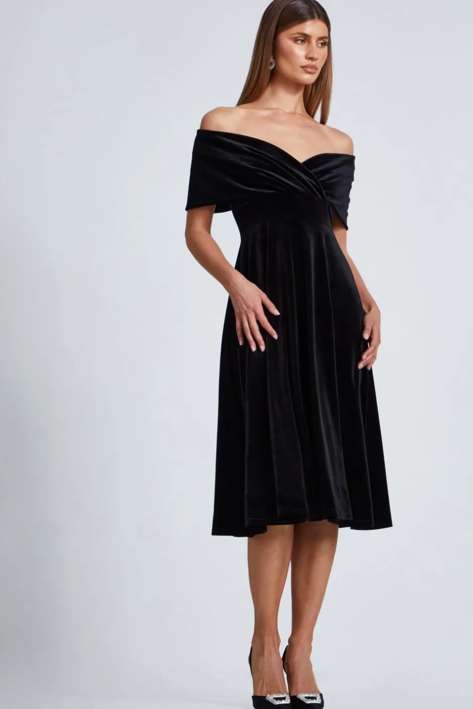 Quiz Black Velvet Bardot Midi Dress Sale