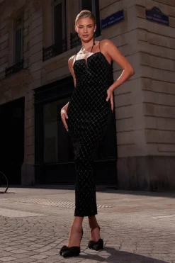 Quiz Black Velvet Diamante Midi Dress Hot