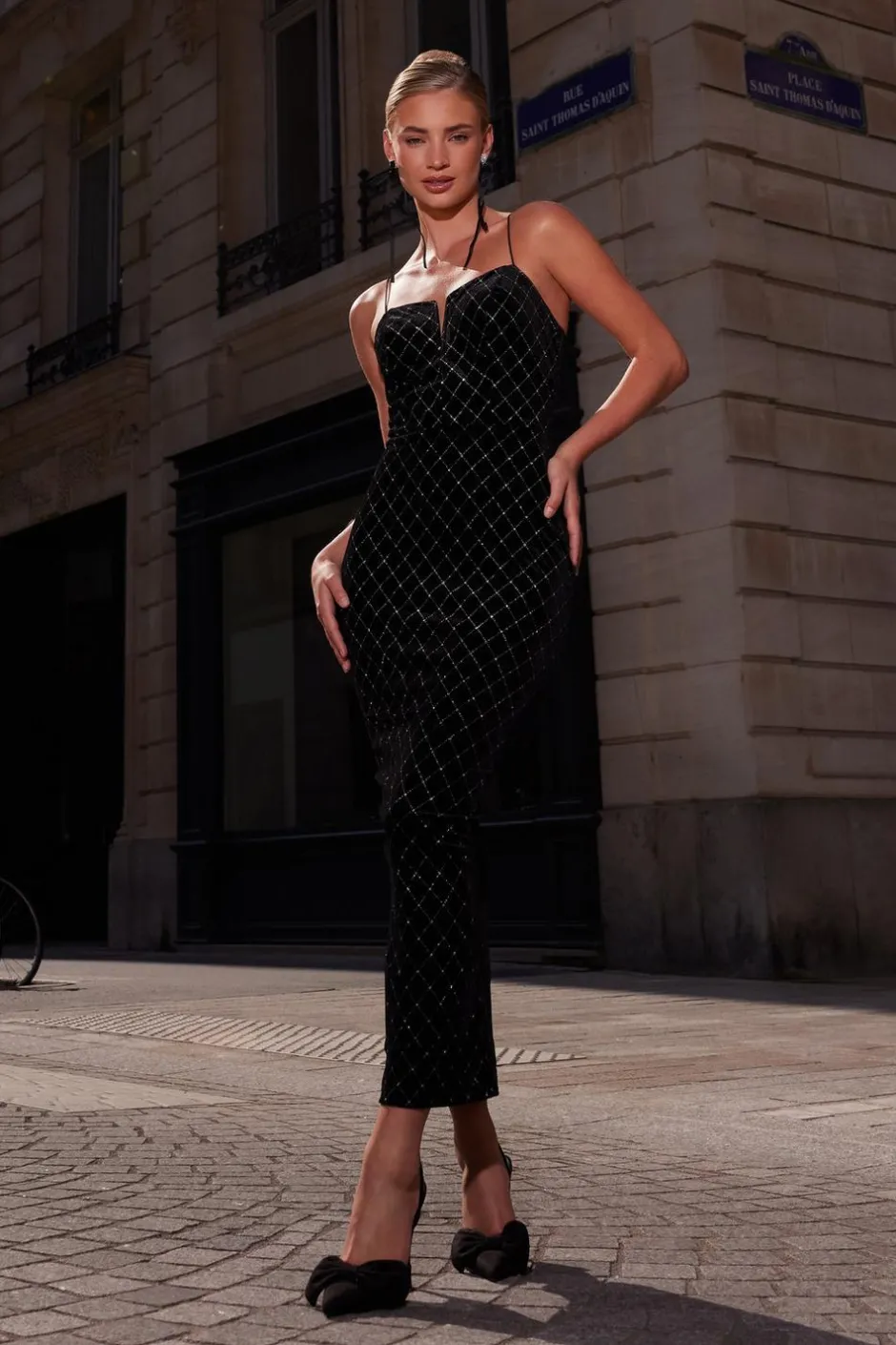 Quiz Black Velvet Diamante Midi Dress Hot